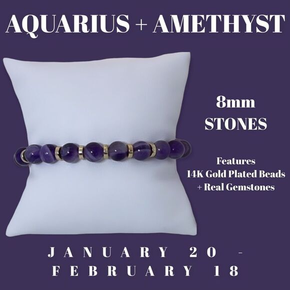 NWT Wool + Pepper Co. Zodiac + Gemstone - Aquarius + Amethyst Bracelet (Gold) - Picture 1 of 9